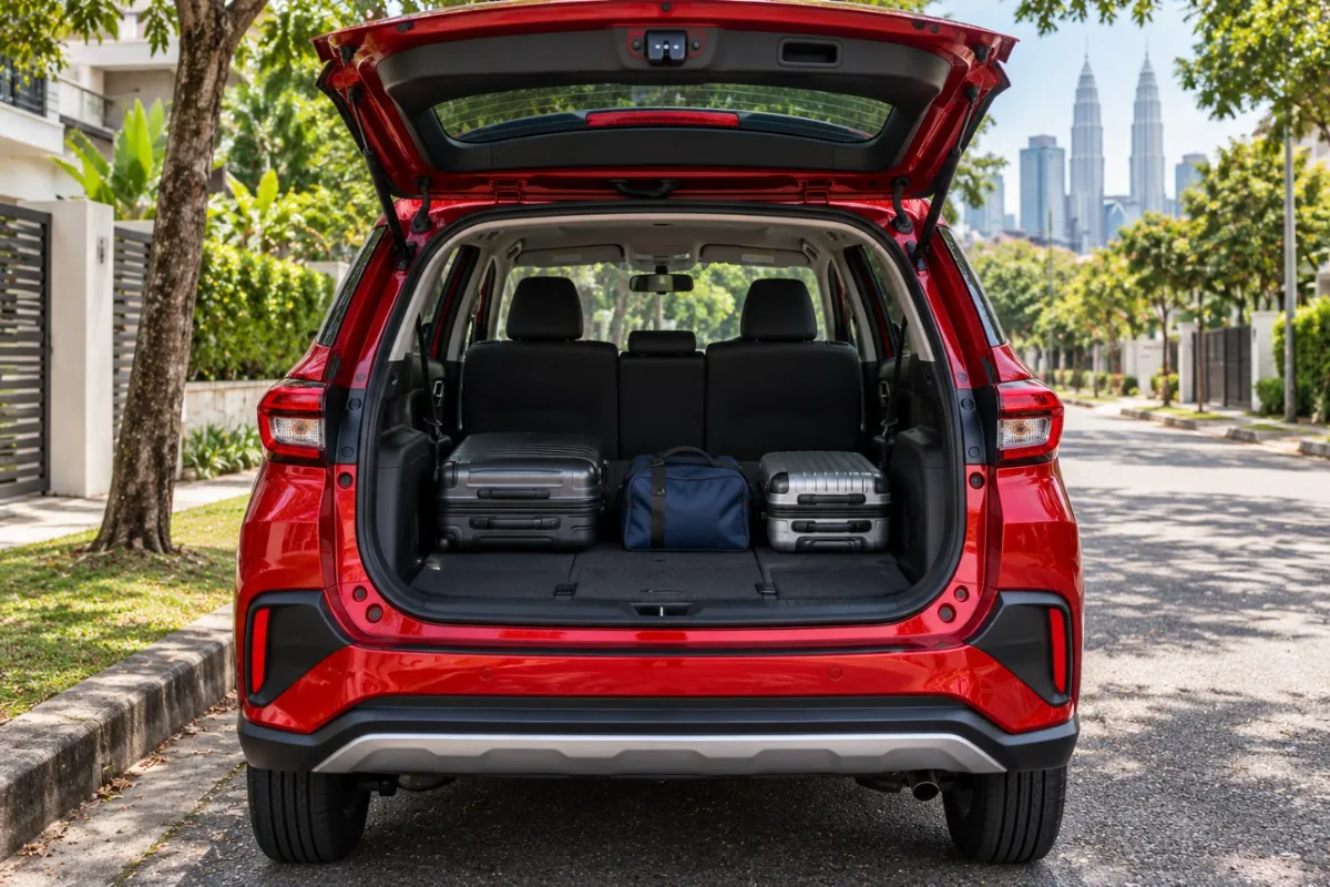 Boot space of a Perodua Aruz with the third row folded flat for luggage