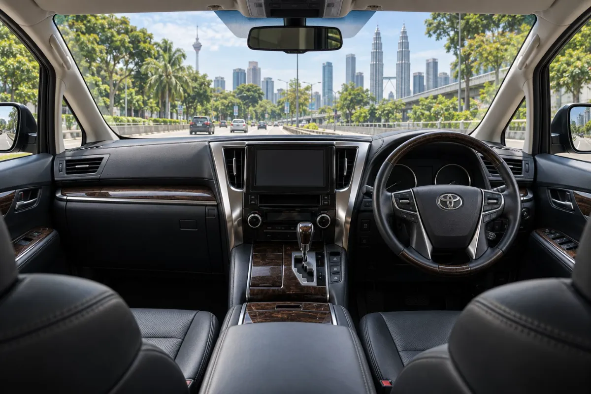 Driver's seat and dashboard of a Toyota Alphard, a 7-seater MPV rental in Kuala Lumpur