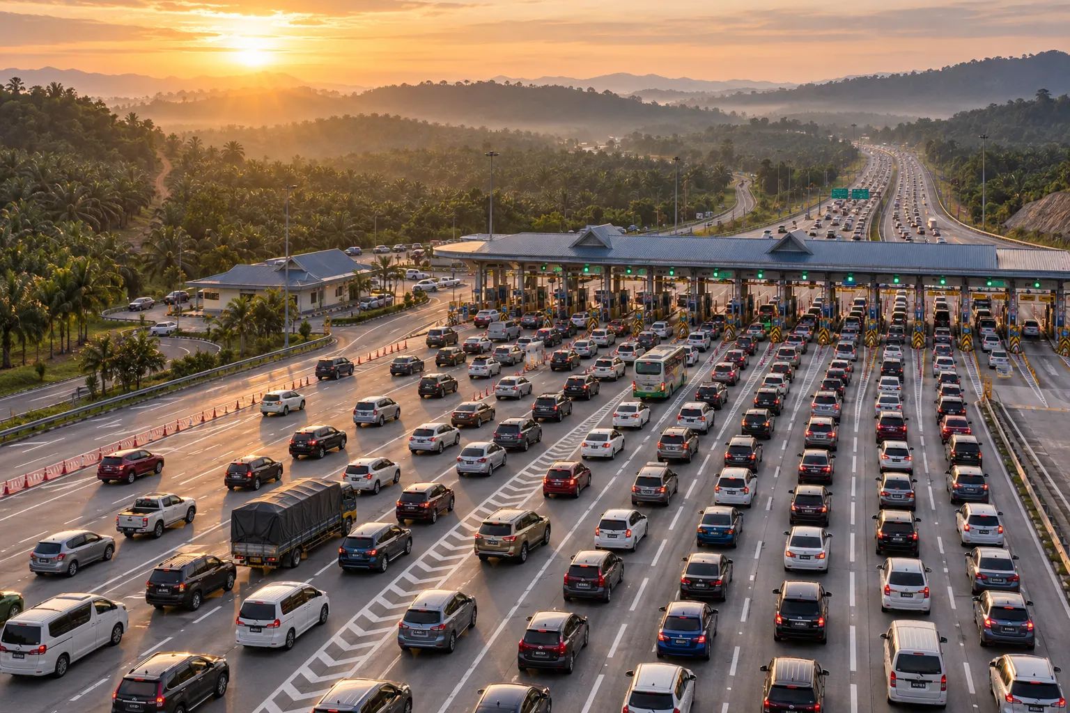 Aerial view of festive balik kampung traffic queuing at an expressway toll plaza at sunrise — hari raya traffic tips