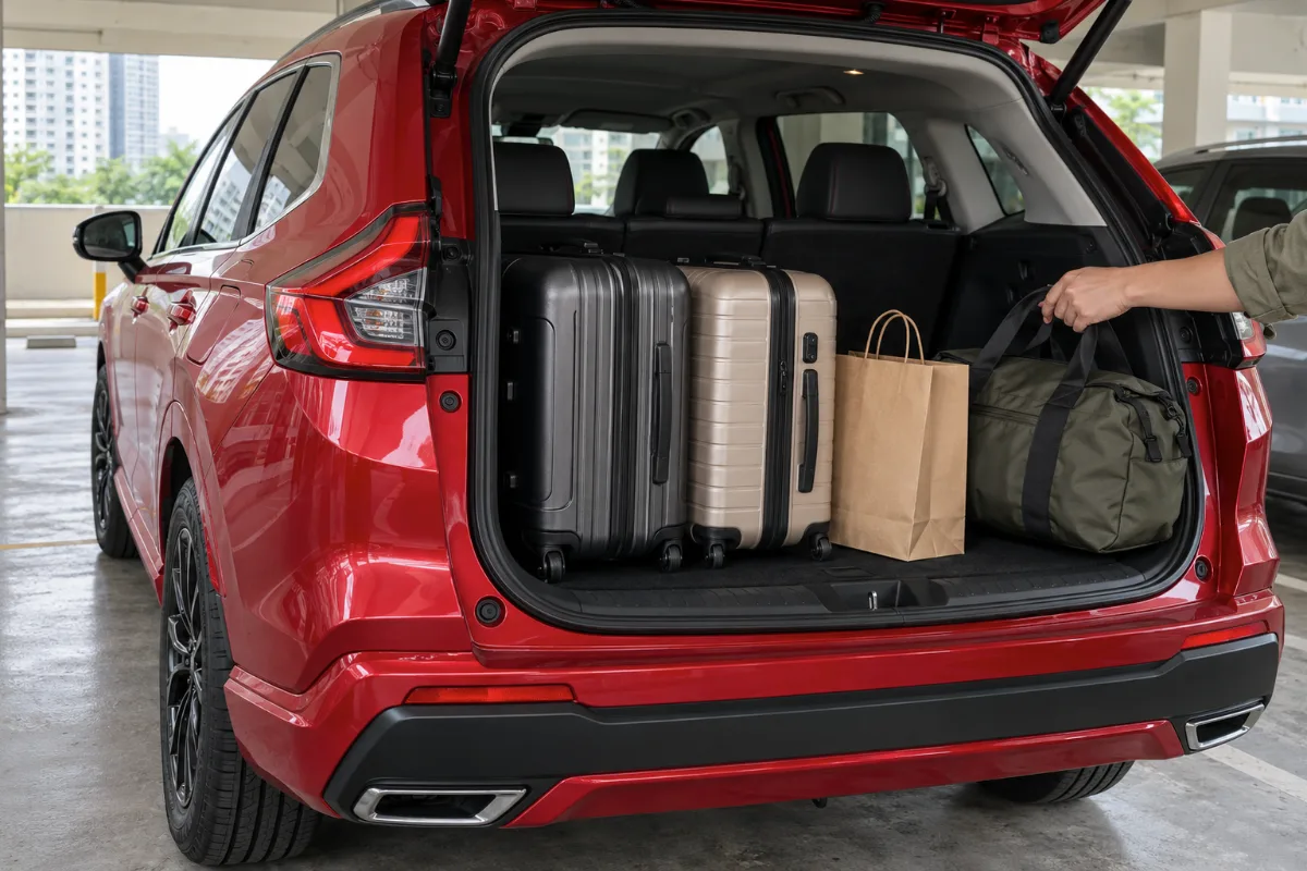 Open boot of a red Honda CR-V Hybrid packed with two suitcases, a duffel bag and a gift bag for a balik kampung trip in a Kuala Lumpur car park