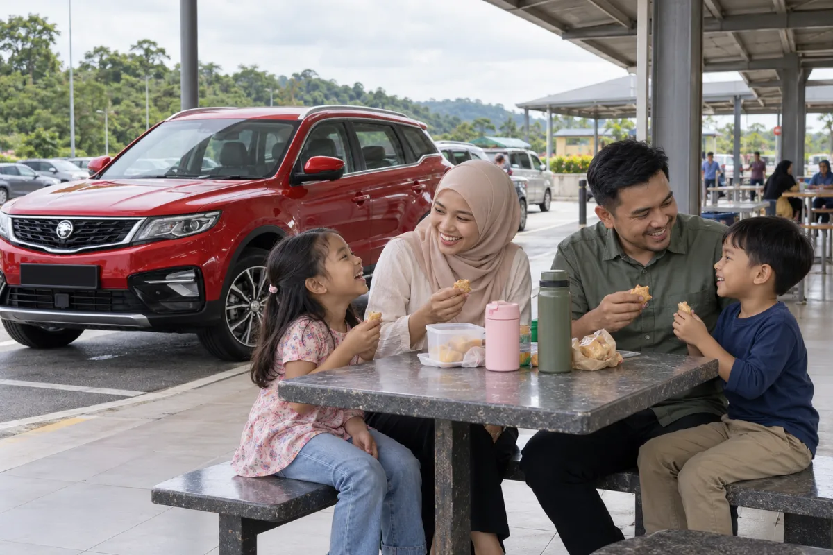 Malaysian family sharing snacks at a highway rest stop with a red Proton X70 parked behind them during a balik kampung journey