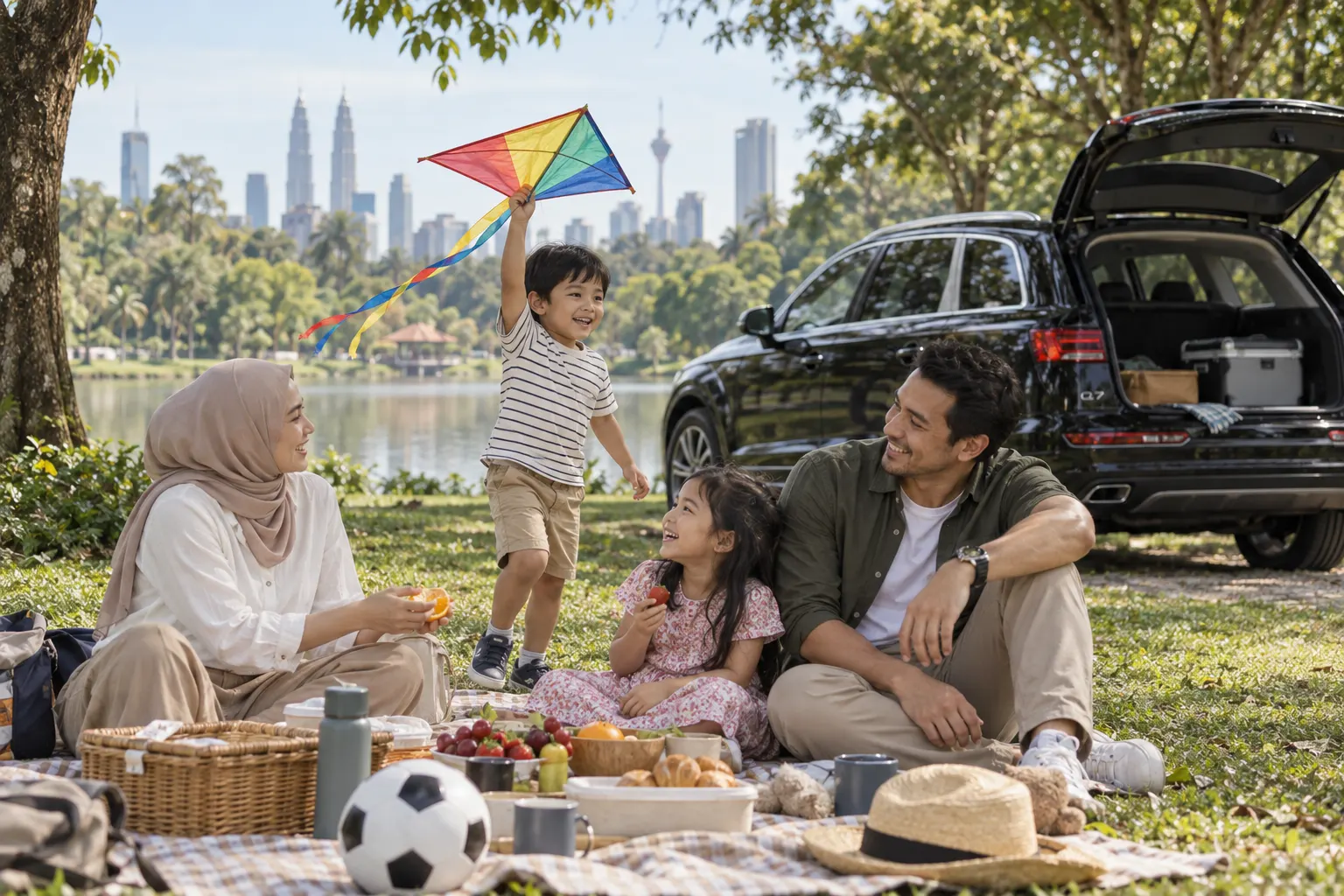 Family picnic with a kite beside a lake in one of the best parks in Kuala Lumpur, an Audi Q7 parked behind