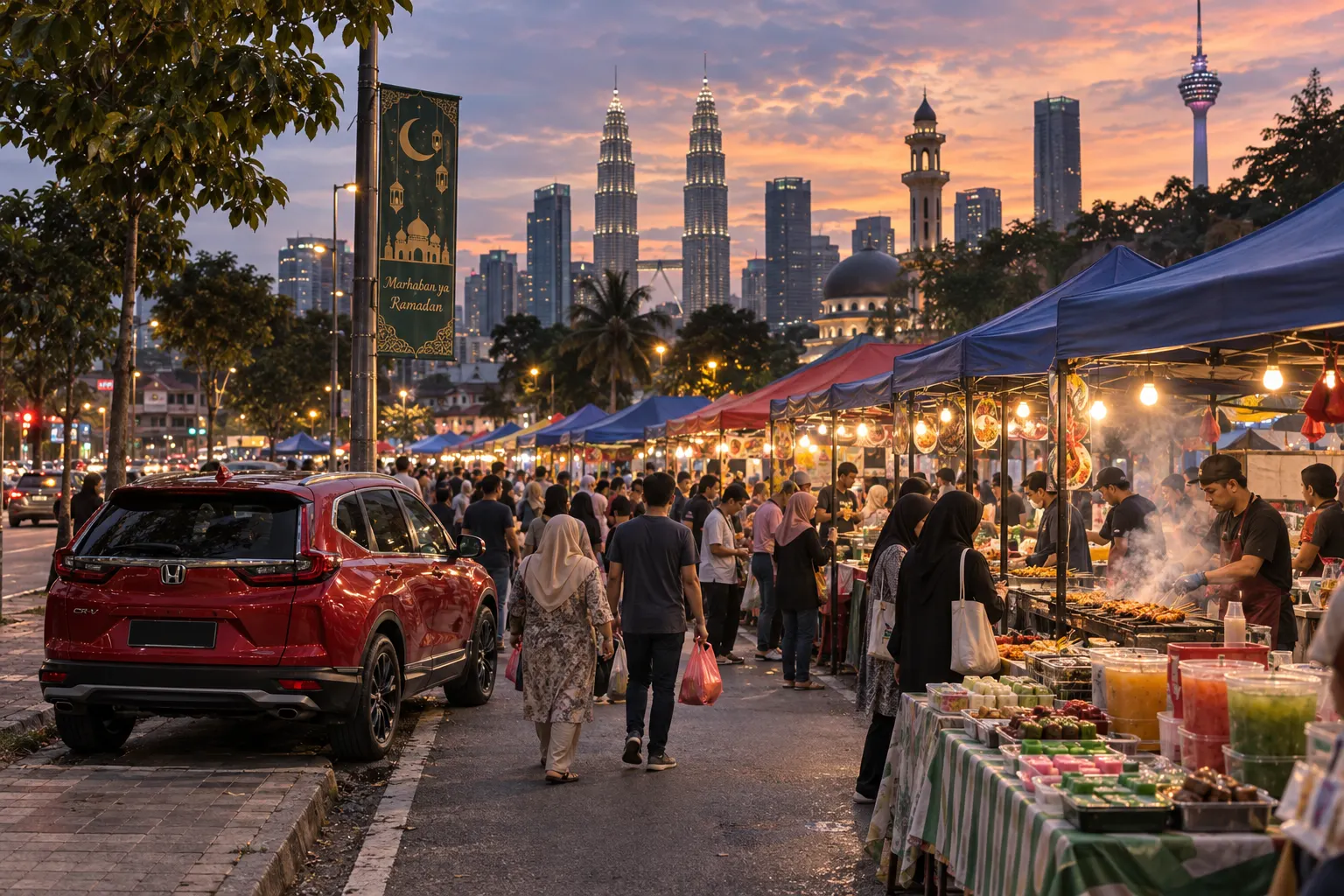 Busy Ramadan bazaar in Kuala Lumpur at dusk with a Honda CR-V parked at the street edge — ramadan bazaar kl