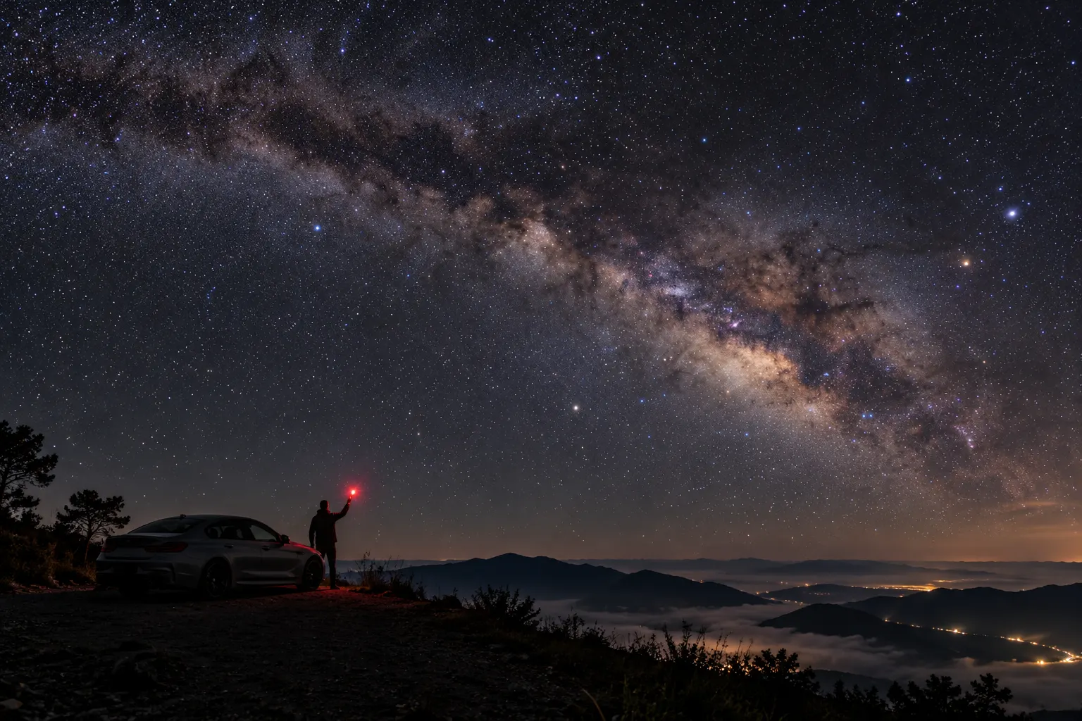 Milky Way over a highland ridge with a BMW 6 Series Gran Coupe silhouette, one of the best spots for stargazing in Malaysia