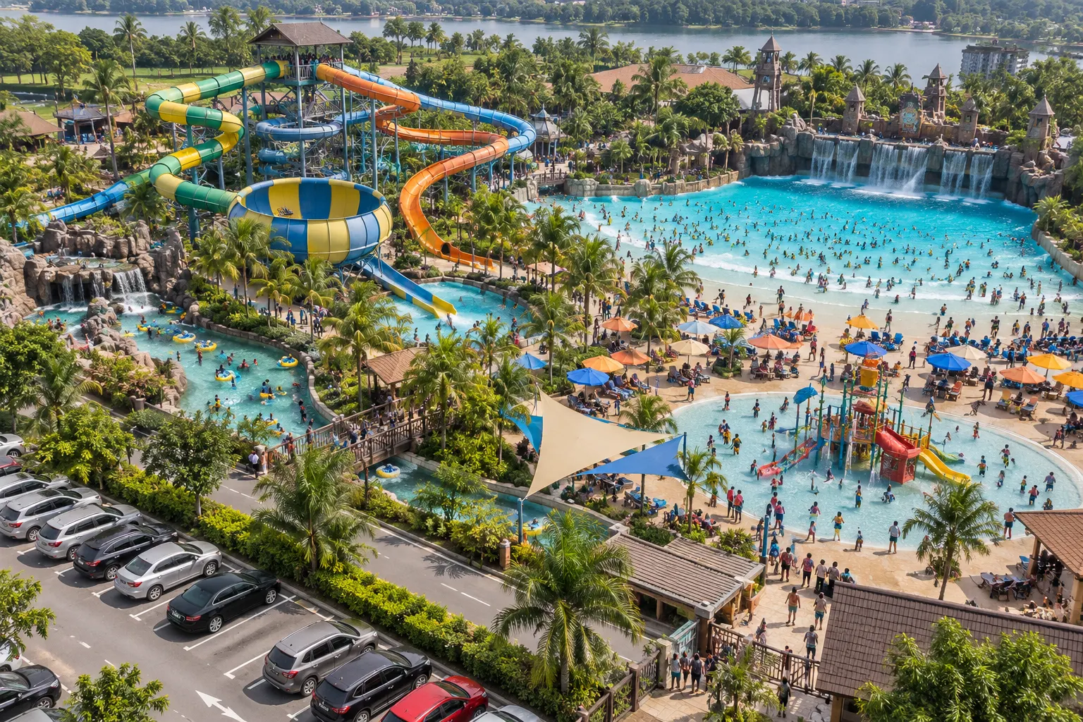 Aerial view of one of the water parks in Malaysia with an Audi A6 in the car park