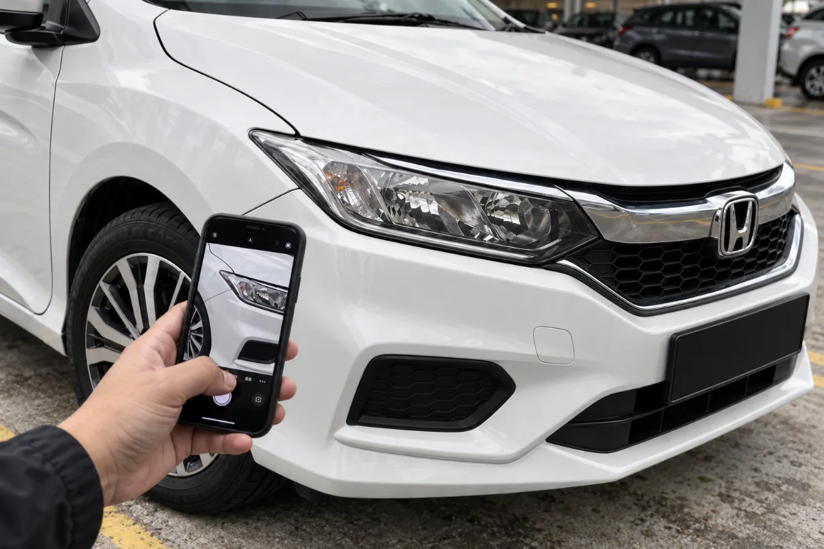 Hand holding a smartphone to photograph the front wing and bumper of a white Honda City before a rental pick-up in Kuala Lumpur