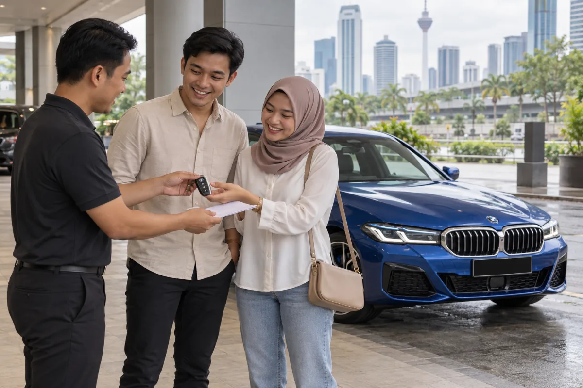 Rental staff handing car keys to a smiling couple beside a blue BMW 530i at a car rental deposit Malaysia pick-up bay in Kuala Lumpur