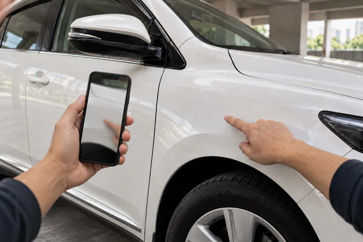 Close-up of a hand pointing at the front wheel arch of a white Toyota Harrier while a smartphone photographs the panel at pick-up