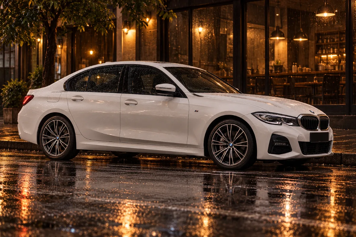 A white BMW 330i M Sport parked at the kerb of a wet Kuala Lumpur street at night, low side-profile view