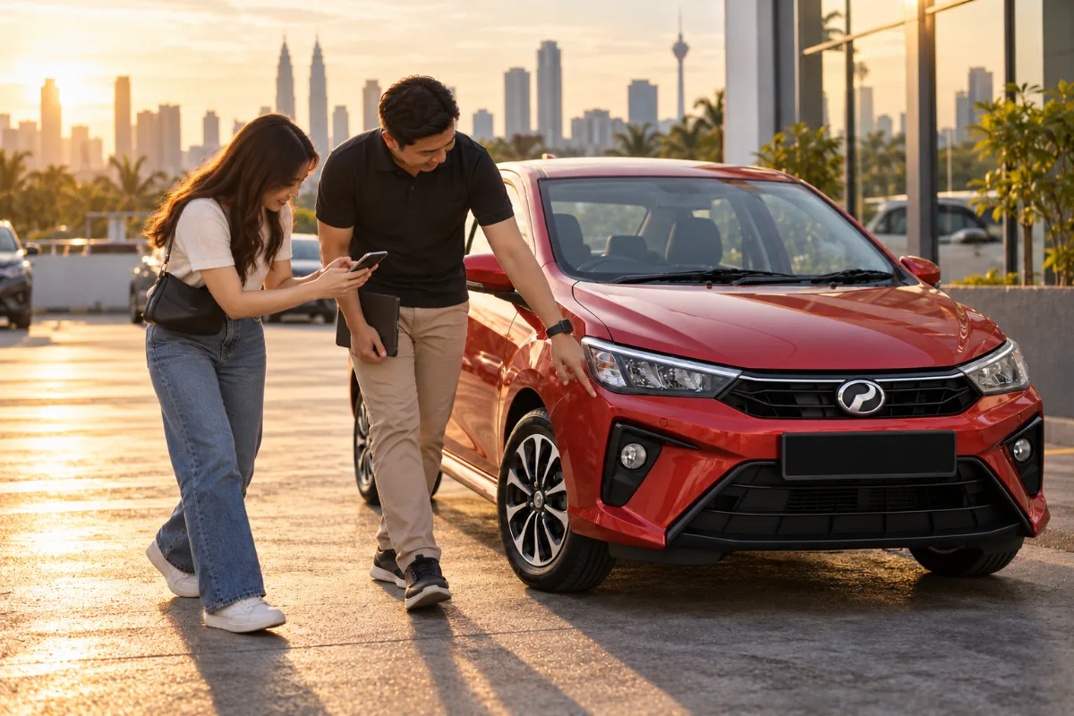 Renter and branch staff checking a red Perodua Bezza for existing marks at golden hour, car rental insurance Malaysia pick-up checklist