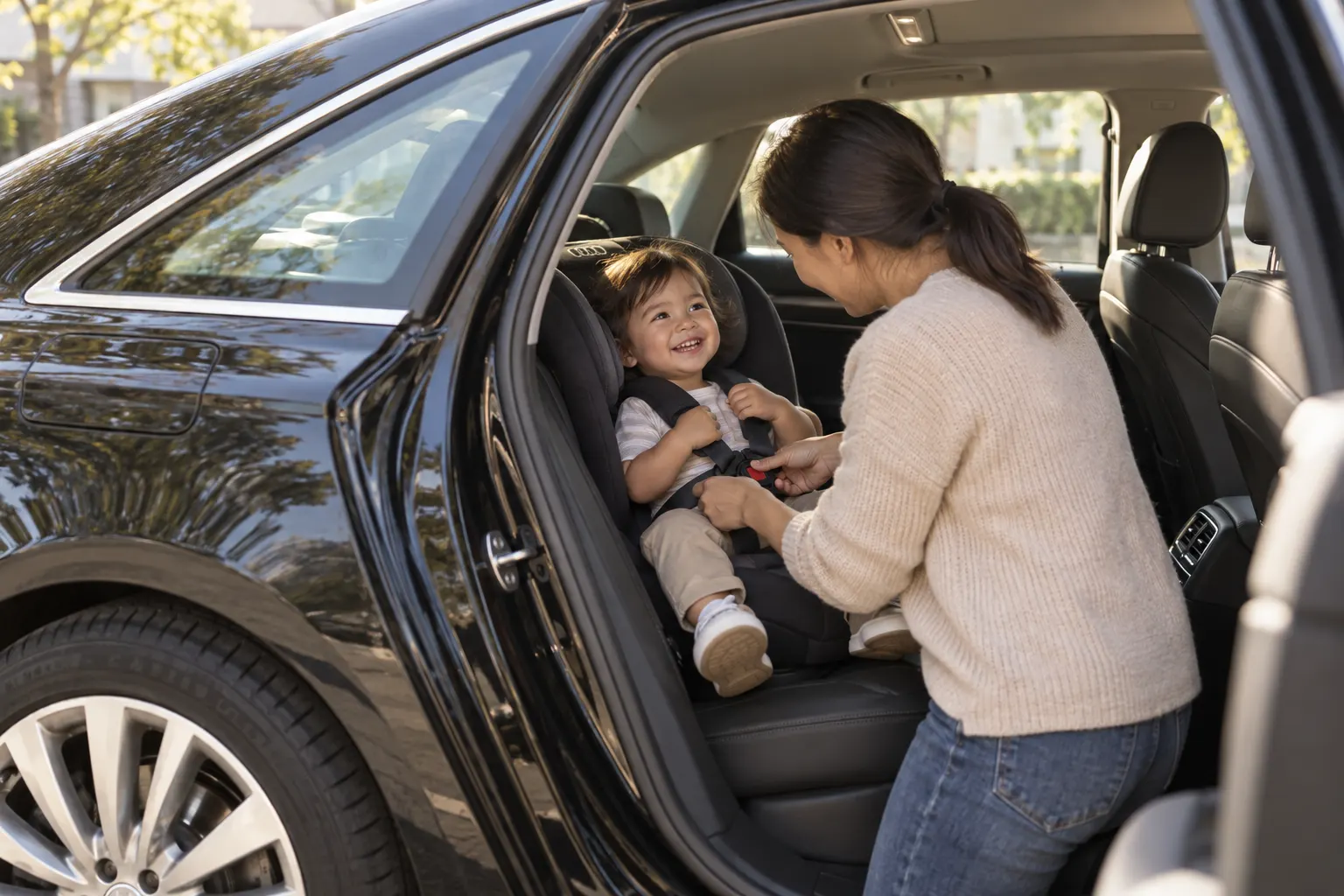 Parent buckling a smiling toddler into a child car seat in the back of an Audi A6 — child car seat malaysia