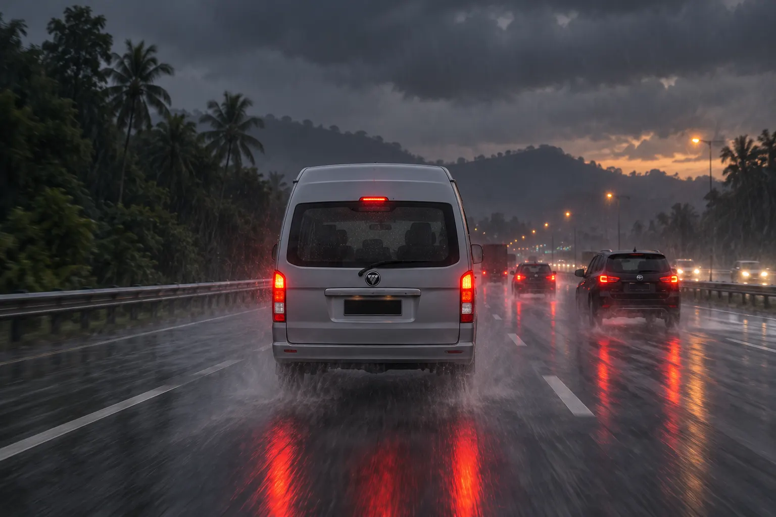 Van keeping a safe distance on a Malaysian highway in heavy rain at dusk — causes of road accidents in malaysia