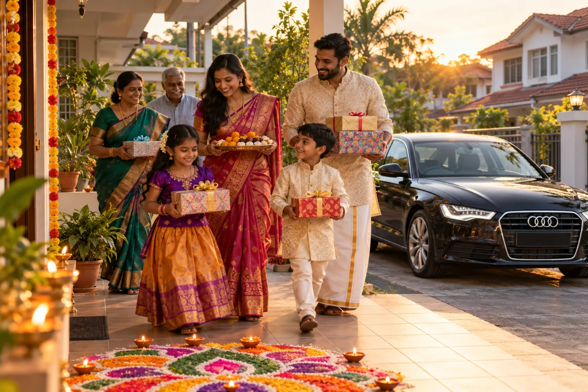 Indian-Malaysian family carrying gift boxes past a kolam beside an Audi A6 on a golden-hour afternoon before Deepavali