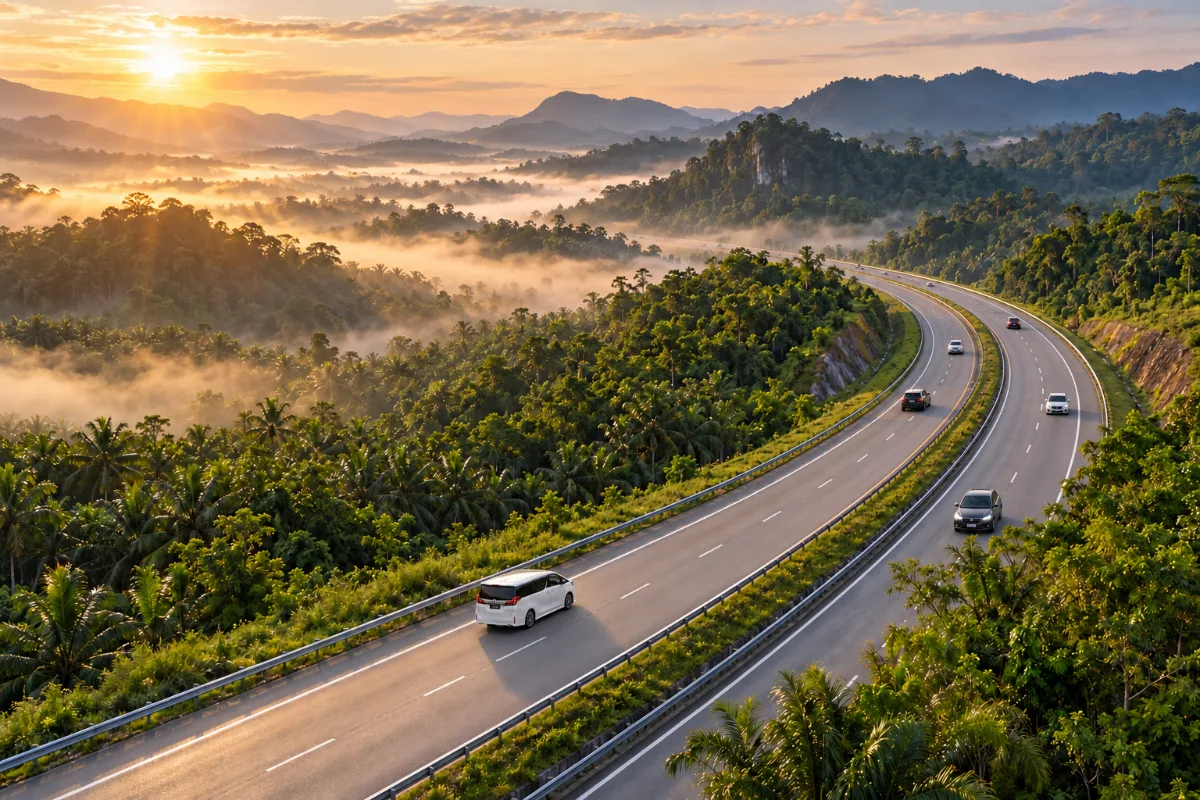 Aerial view of a Toyota Vellfire driving on a Malaysian expressway through green hills at sunrise on a Deepavali road trip