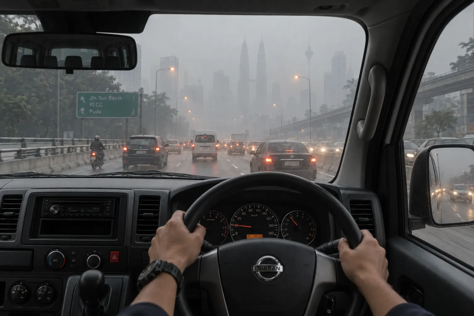 Driver view through a Nissan Urvan windscreen on a hazy Kuala Lumpur road — driving in haze tips