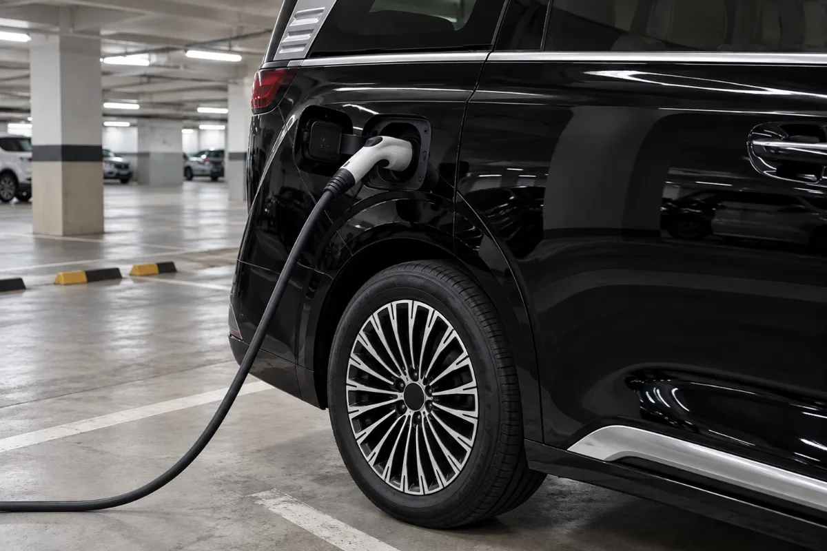 Charging cable plugged into the charge port of a black Denza D9 electric MPV in a Kuala Lumpur car park
