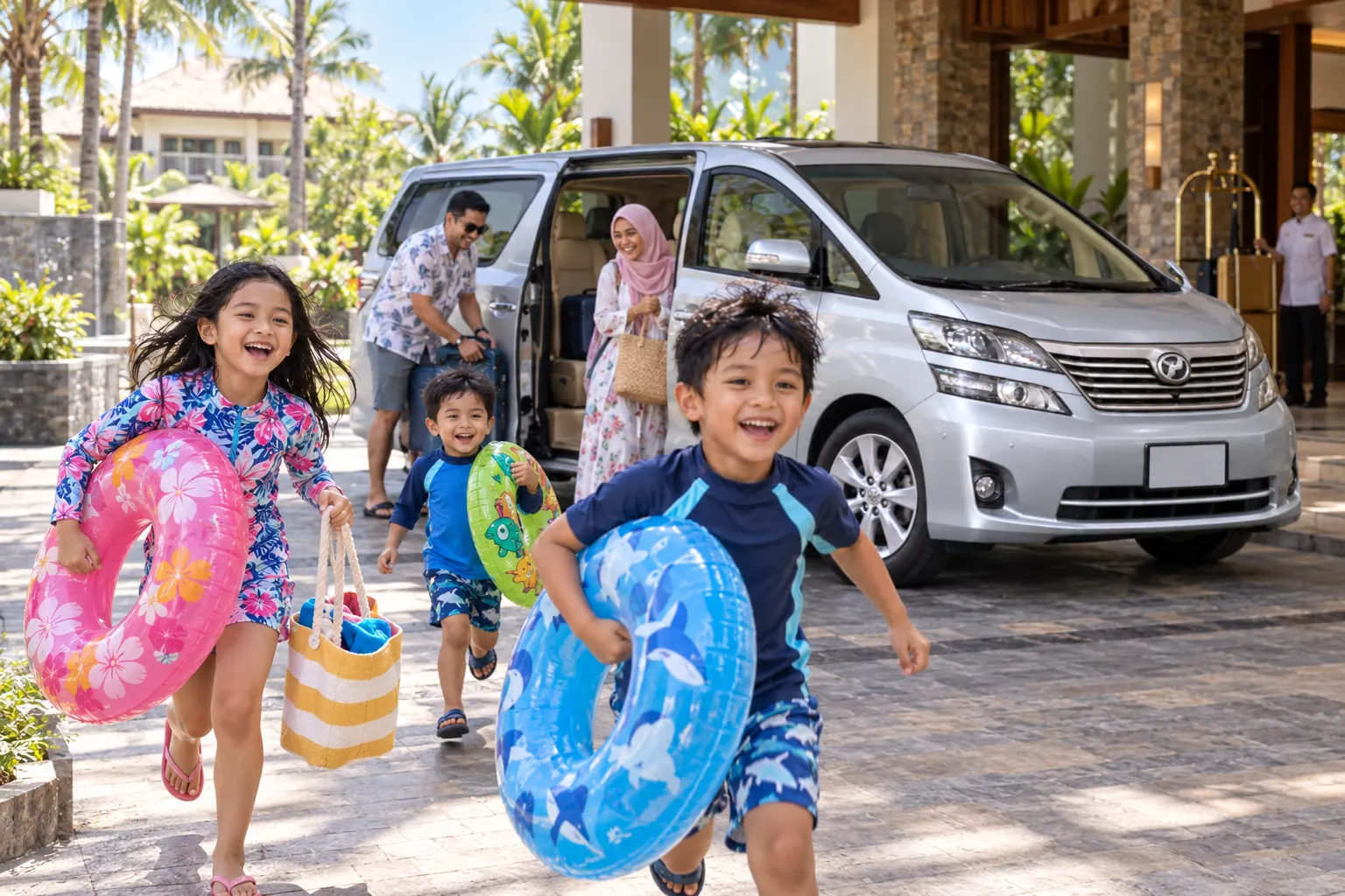 Children running to the pool at one of the best family holiday destinations in Malaysia while parents unload a Toyota Vellfire