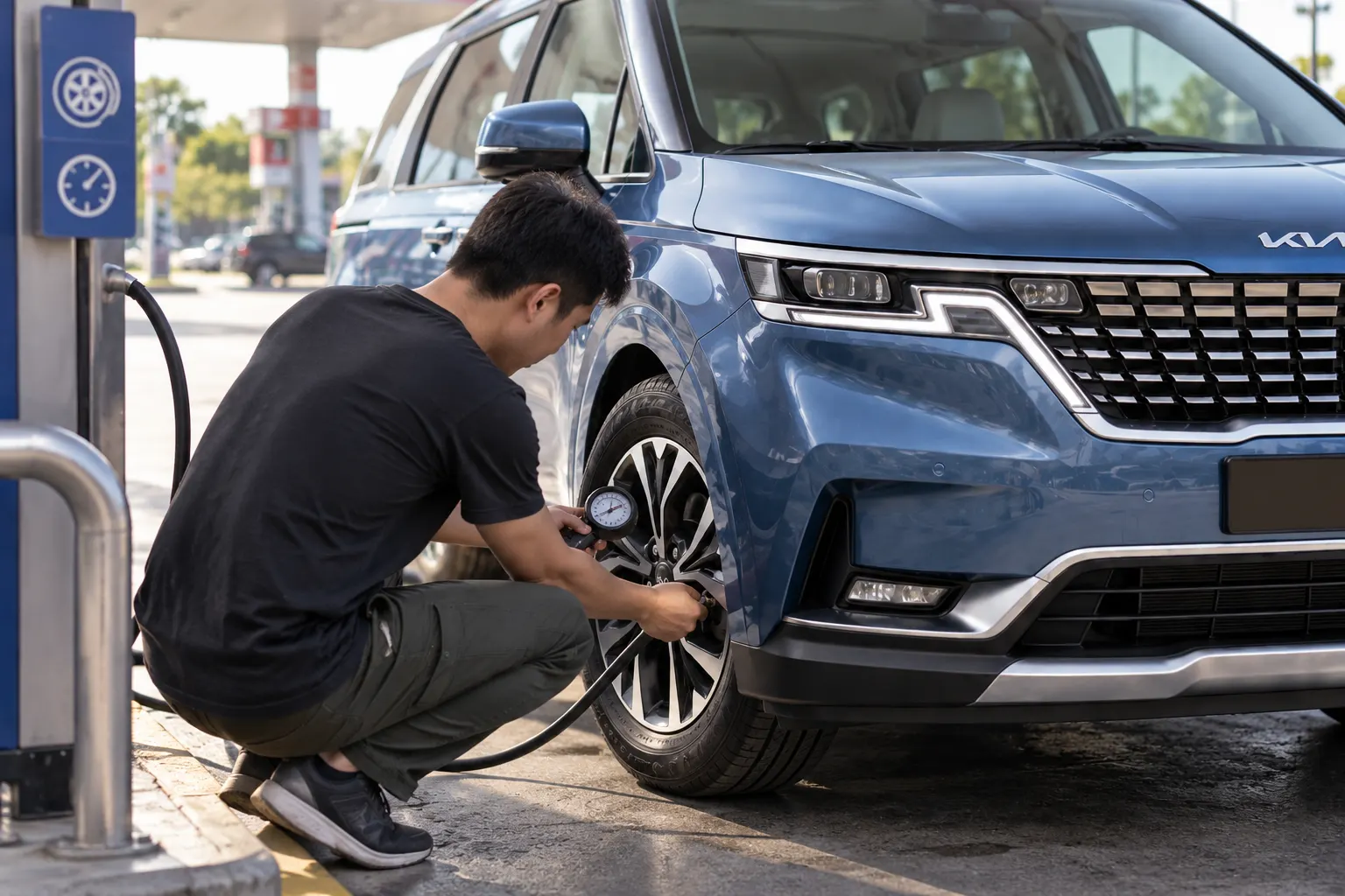 Checking the tyre pressure on a Kia Carnival at a petrol station air pump — car tyre guide malaysia
