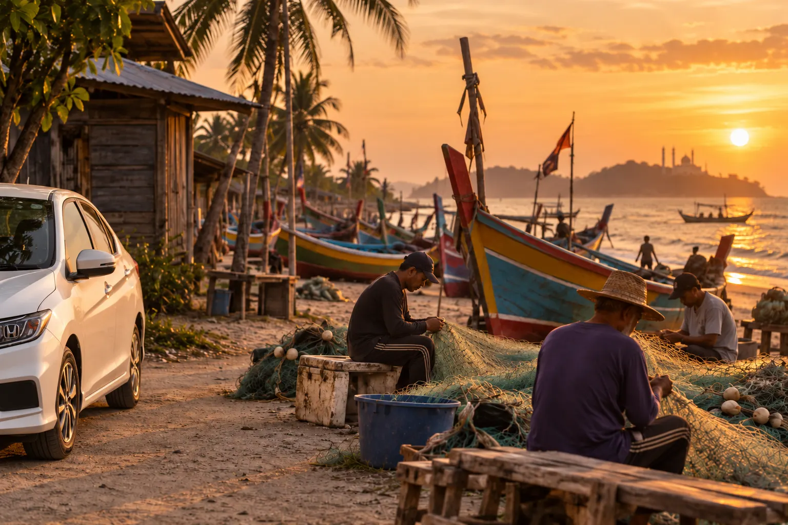 Colourful fishing boats in a Terengganu village, one of the hidden gems in Terengganu, with a Honda City Hybrid