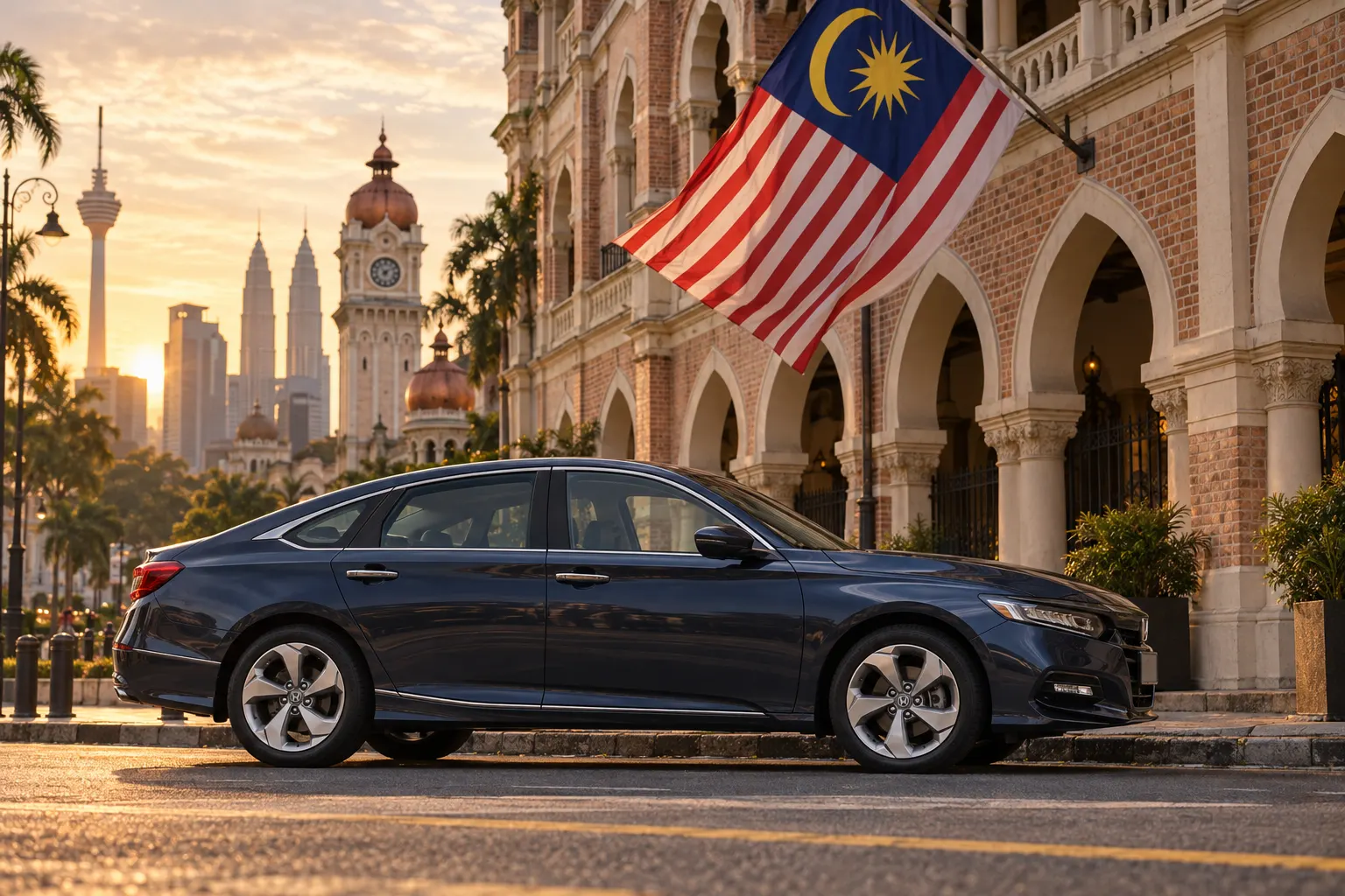 Honda Accord on a Kuala Lumpur heritage street beneath a Jalur Gemilang flag on Malaysia Independence Day