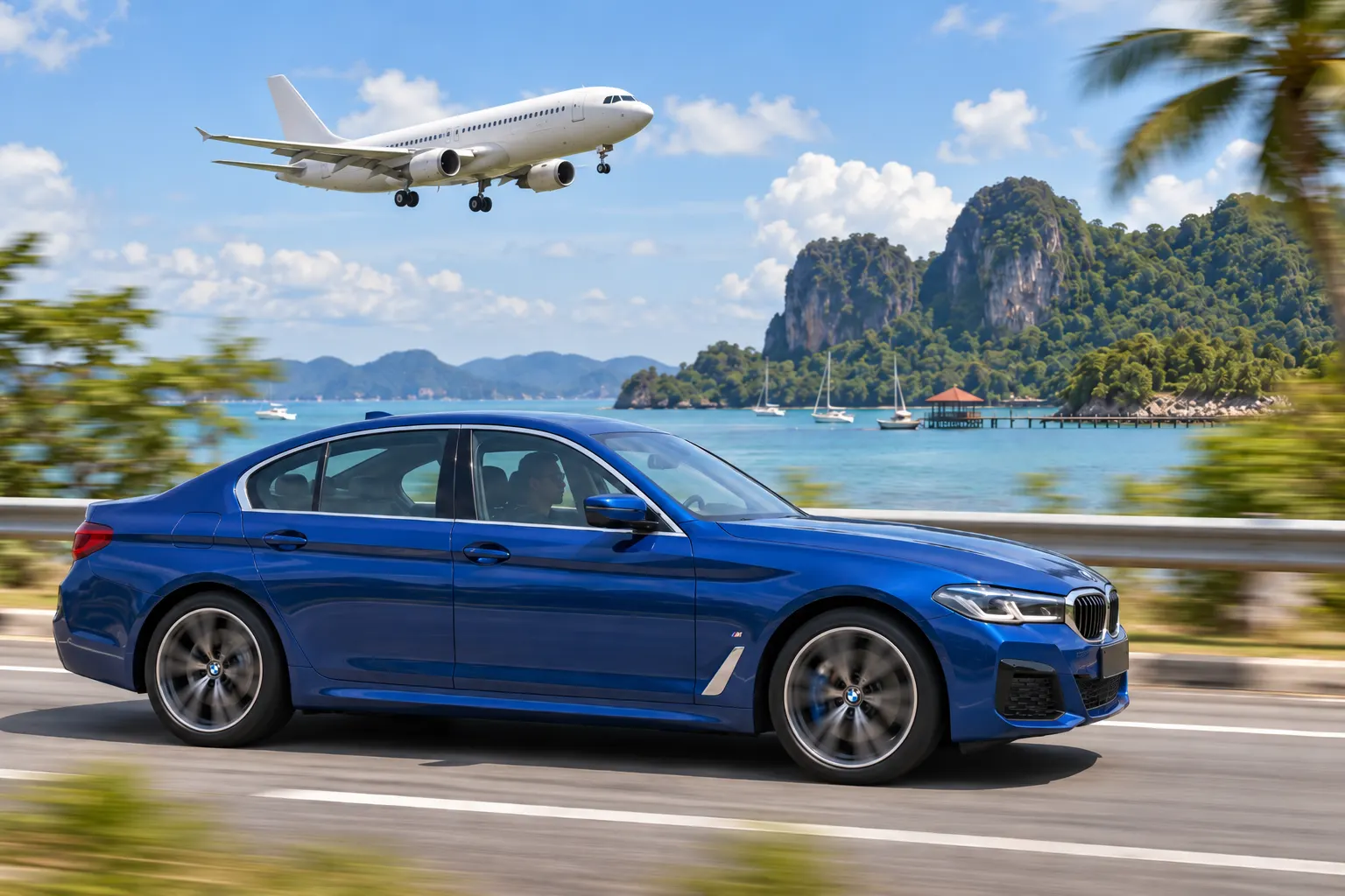 BMW 5 Series on a Langkawi coastal road as a plane approaches, showing how to get to Langkawi by air