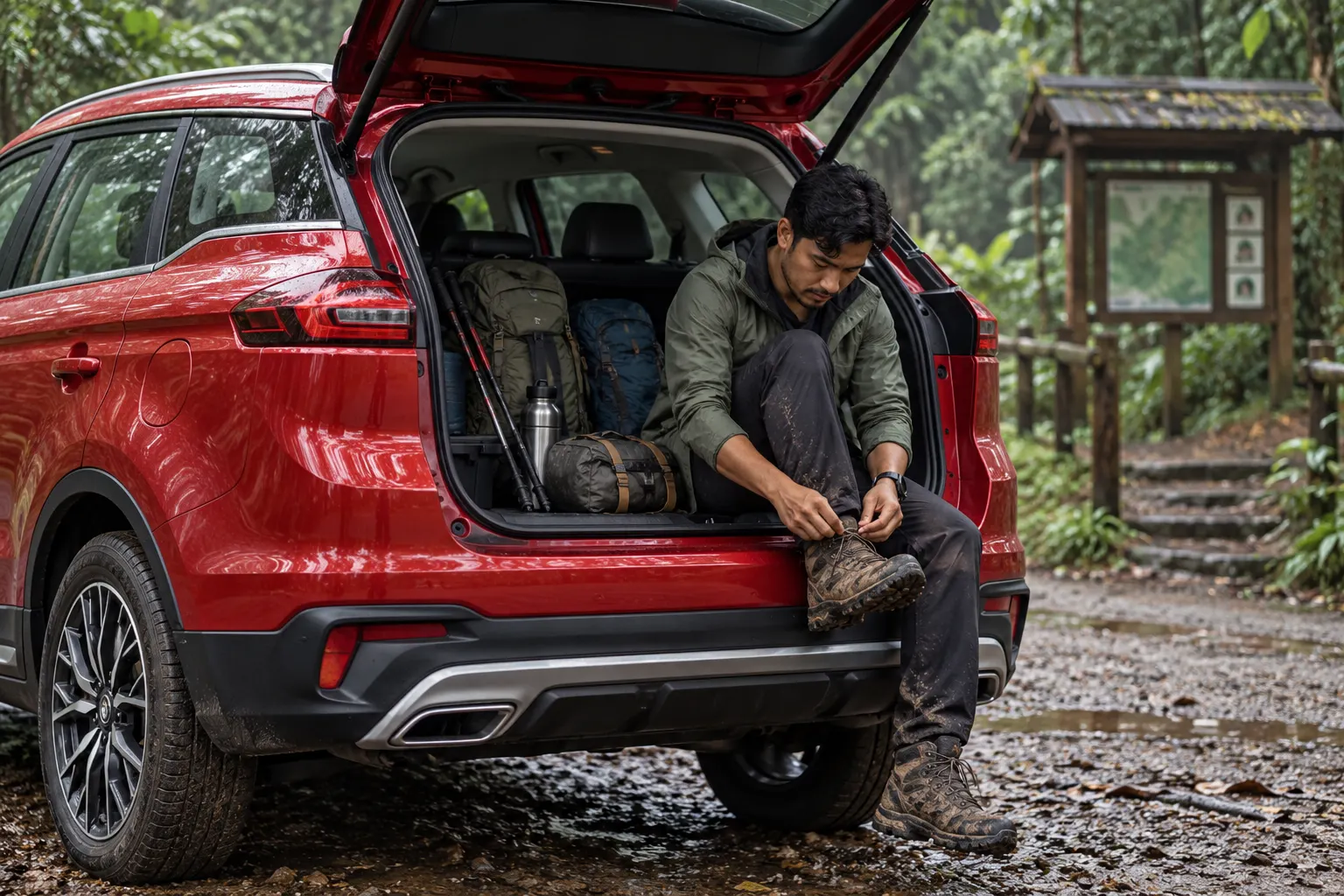 Hiker lacing boots on the open boot of a Proton X70 at a rainforest trailhead before jungle trekking in KL