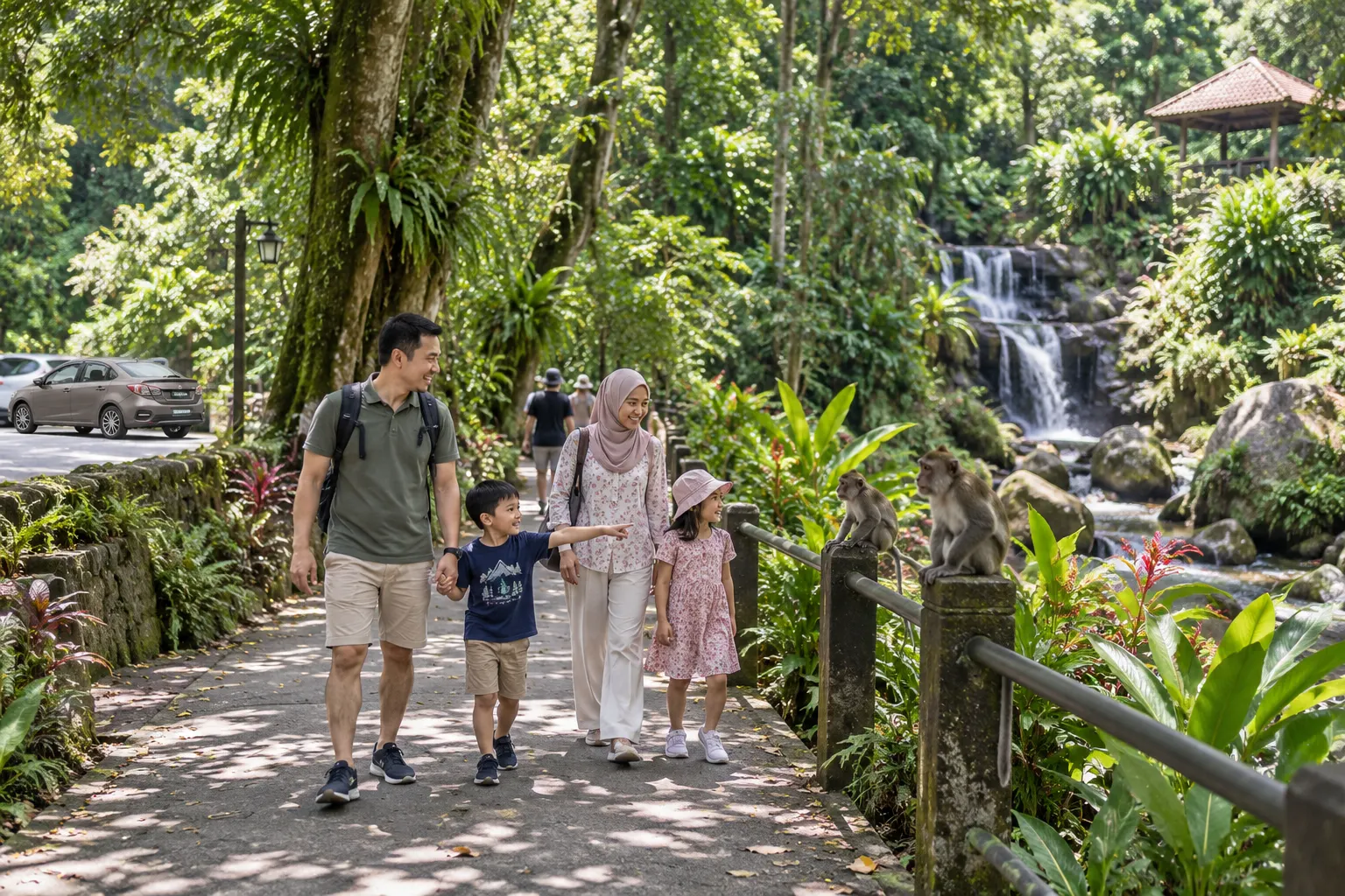 Family on one of the hiking trails in Penang past a waterfall, a Proton Persona parked nearby