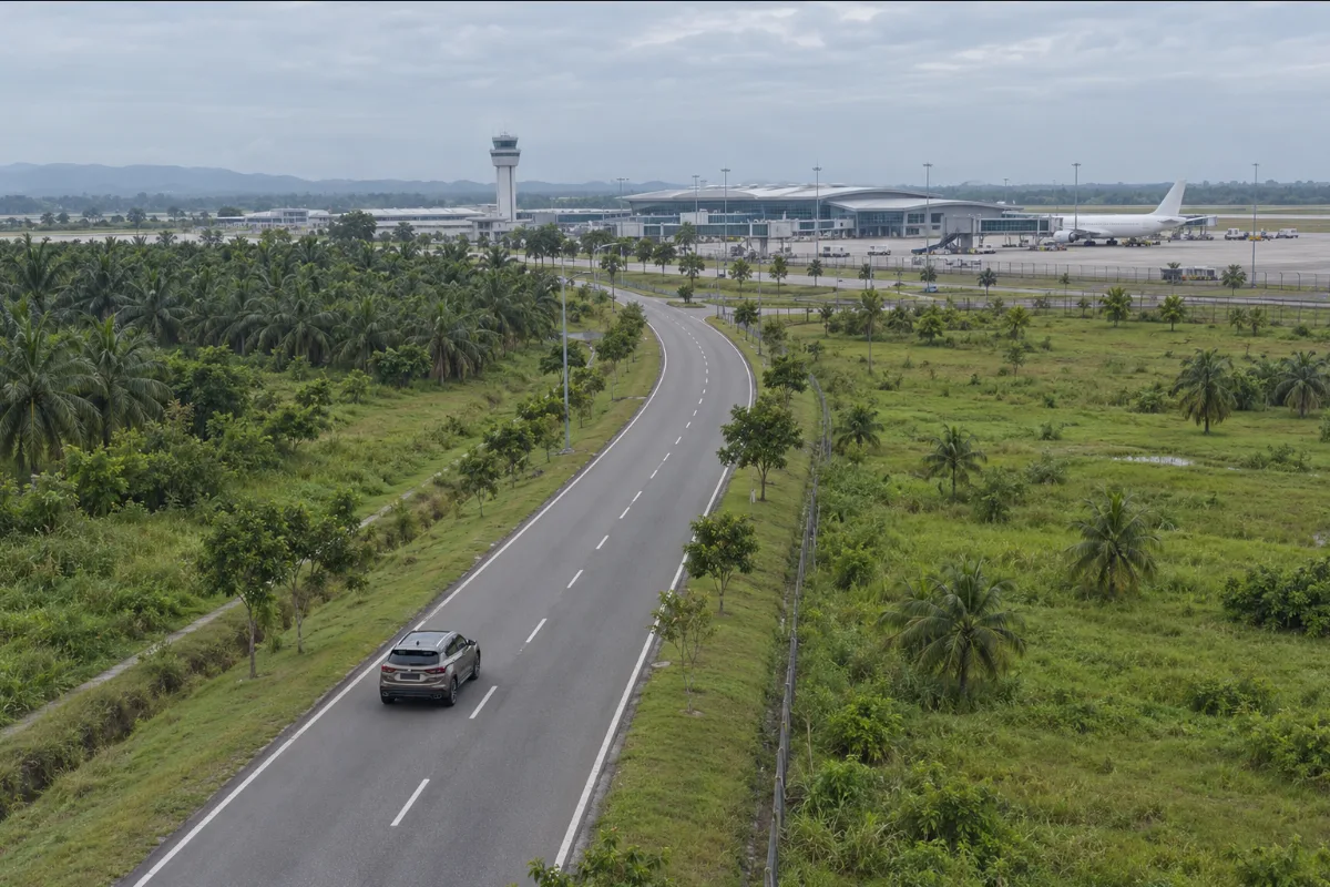 Aerial view of a grey Proton X50 driving on a quiet road away from KLIA airport terminal, a KLIA car rental first timer arrival