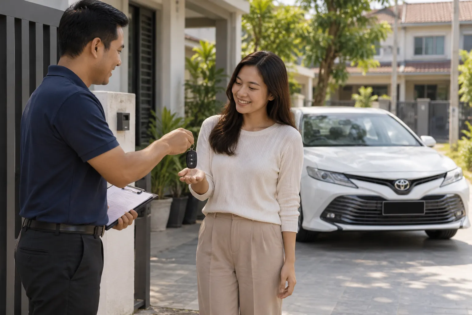 Staff member handing car keys to a customer outside a terrace house, Toyota Camry behind — car rental with delivery kuala lumpur