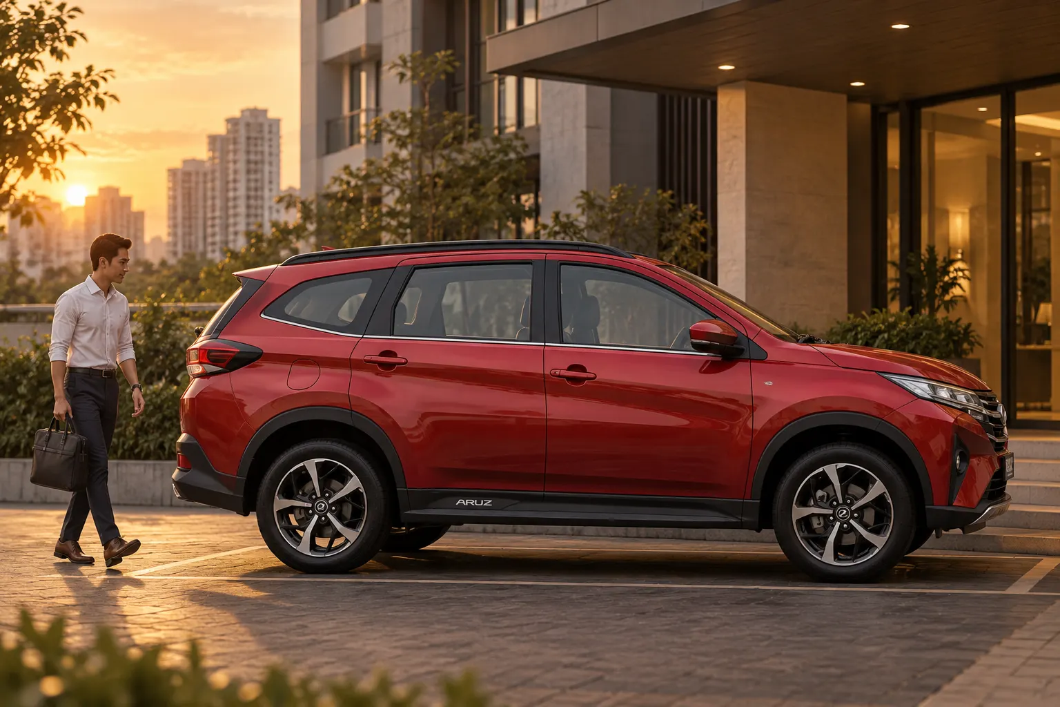 Young professional walking to a Perodua Aruz outside a Kuala Lumpur condominium at sunset — monthly car rental kuala lumpur