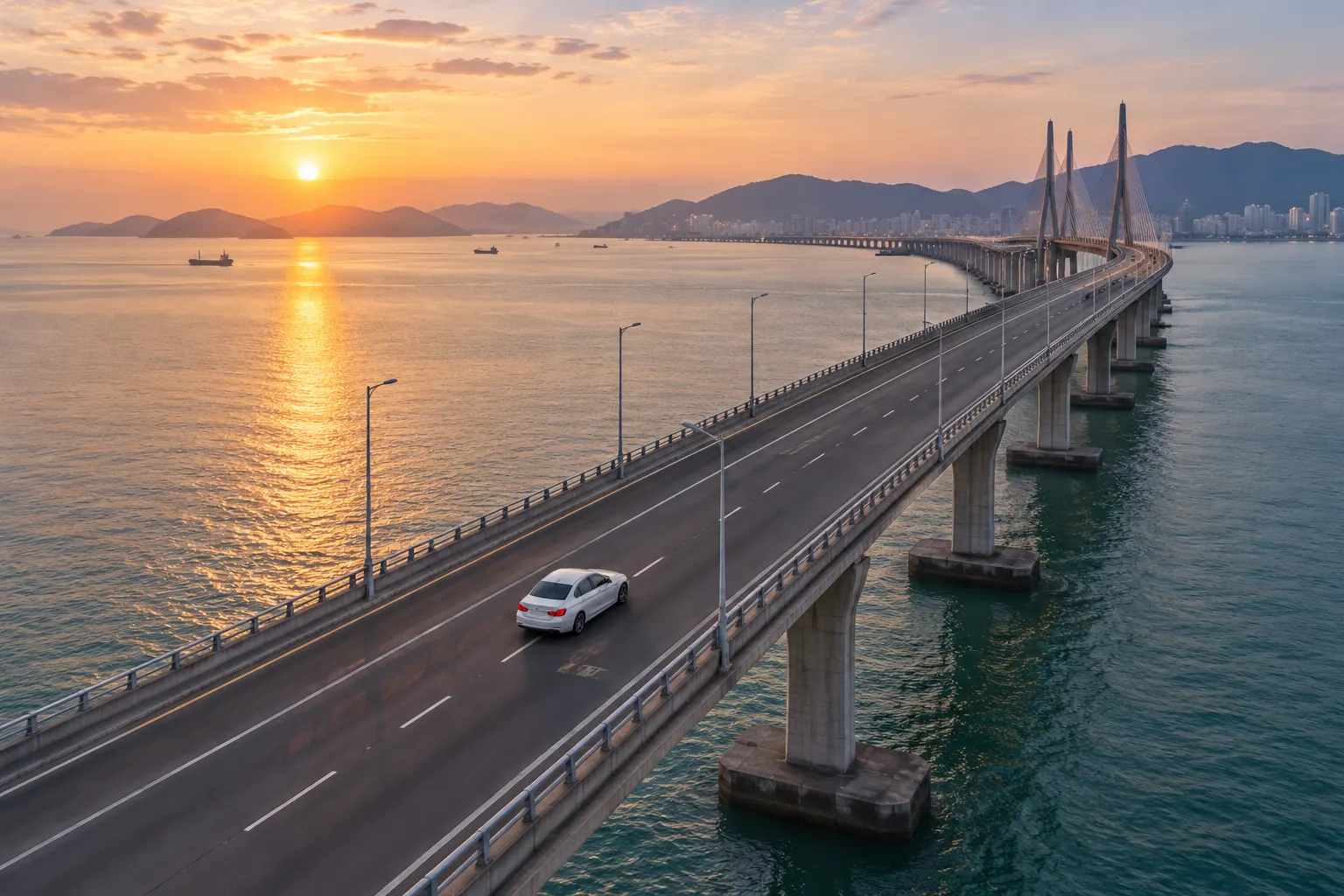 Aerial view of a BMW 3 Series crossing a Penang sea bridge at sunrise — long term car rental malaysia