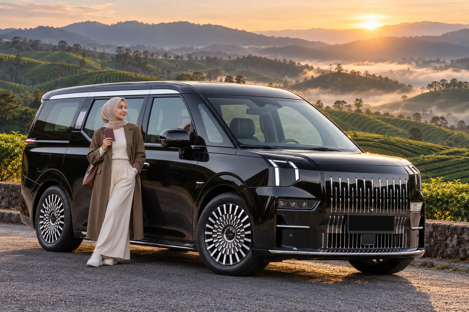 Malaysian woman holding a passport beside a luxury electric SUV at a highland viewpoint, marking the Malaysia passport ranking rise