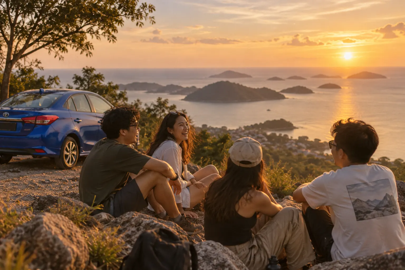 Friends watching the sunset over islands from a hilltop viewpoint, Toyota Vios parked behind — malaysia road trip
