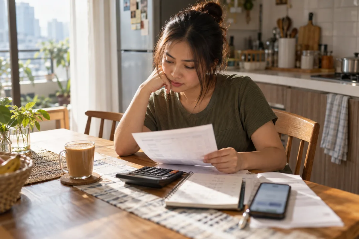 Person at a kitchen table comparing a car loan statement, a calculator and a phone showing a rental quote
