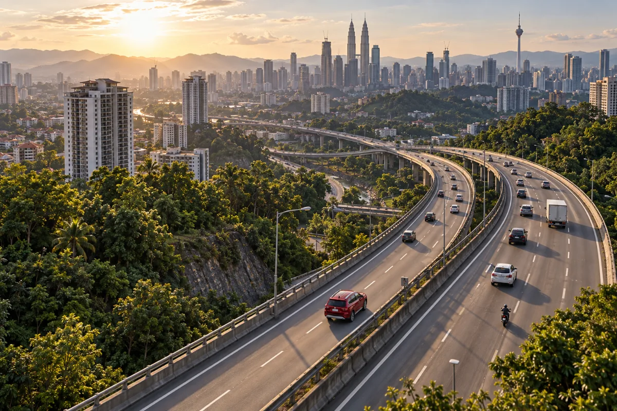 Aerial view of a Mitsubishi Outlander on a Kuala Lumpur highway, a good fit for monthly car rental Kuala Lumpur