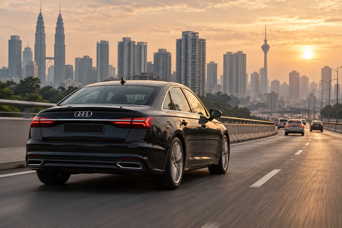Rear view of a black Audi A6 driving along an elevated expressway in Kuala Lumpur at sunrise with soft motion blur, illustrating monthly car rental vs car loan Malaysia choices