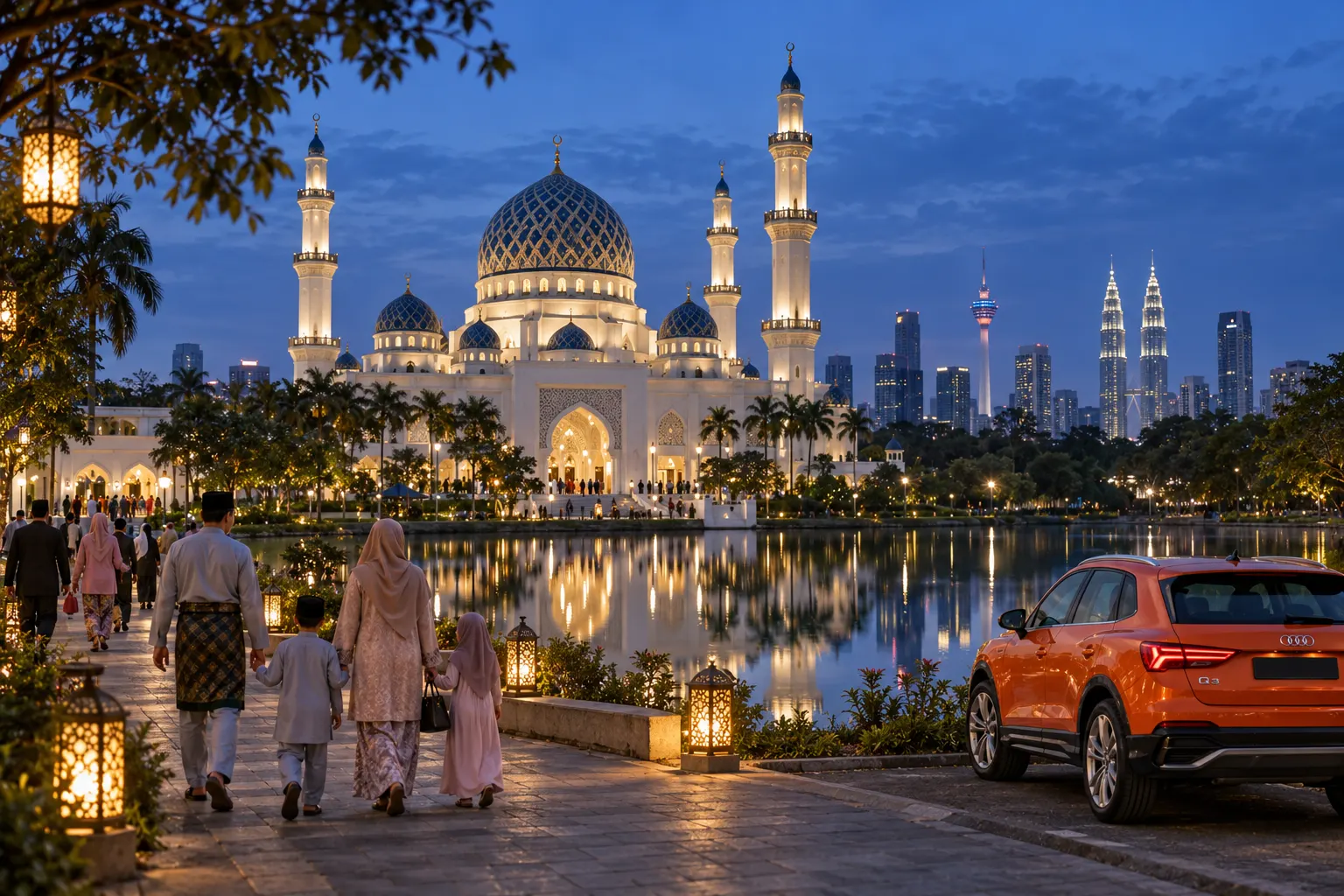 Families walking to one of the grand mosques in Kuala Lumpur at blue hour during Ramadan, an Audi Q3 parked by the lake