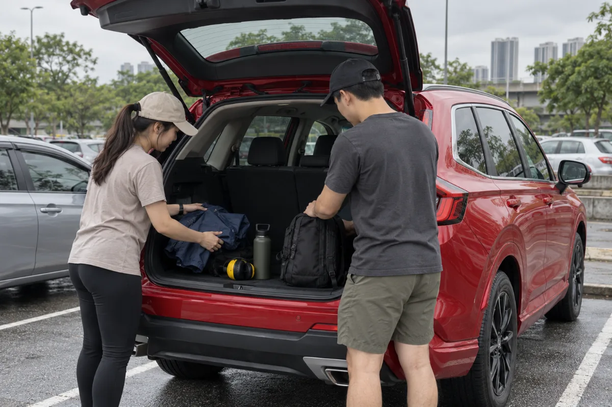 Two fans loading a rain jacket, backpack and ear defenders into the boot of a red Honda CR-V before driving to Sepang for MotoGP Malaysia 2026