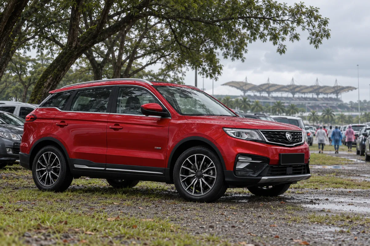 Red Proton X70 parked under rain trees at an overflow car park near Sepang International Circuit on an overcast MotoGP Malaysia 2026 race weekend