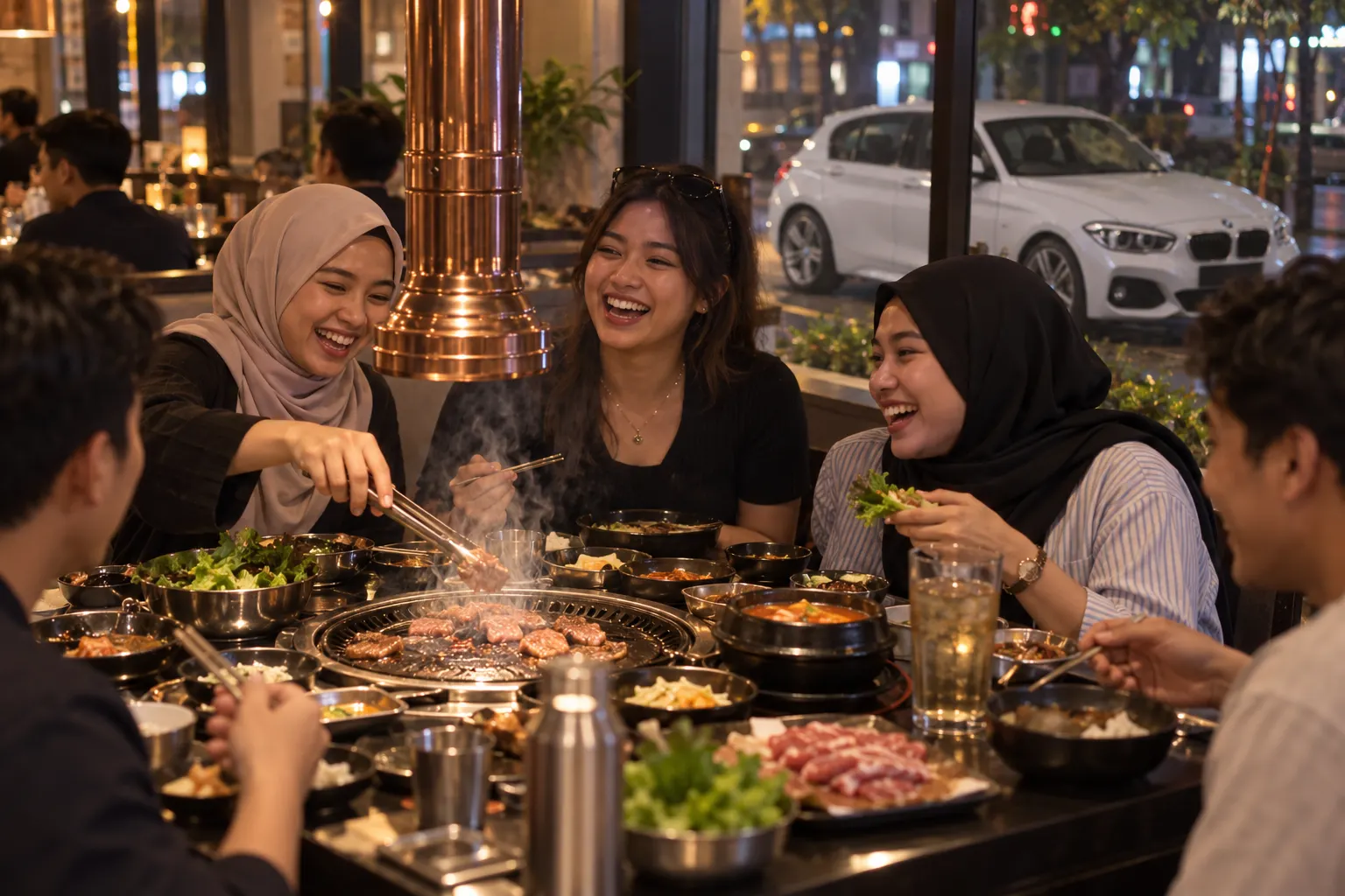 Friends grilling at a Korean BBQ restaurant in Kuala Lumpur, BMW 1 Series parked outside — halal korean bbq kl