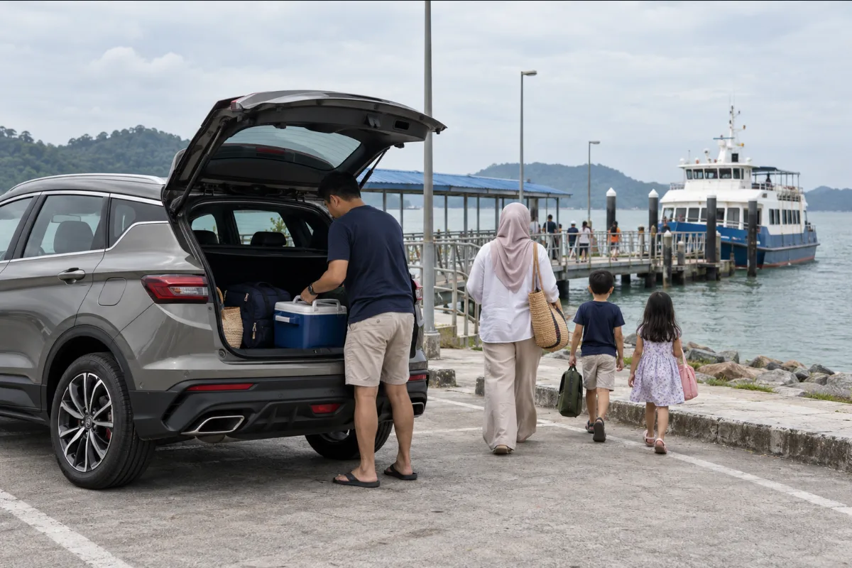 Family walking to the Marina Island jetty ferry terminal after parking a Proton X50 for a Pangkor Island day trip