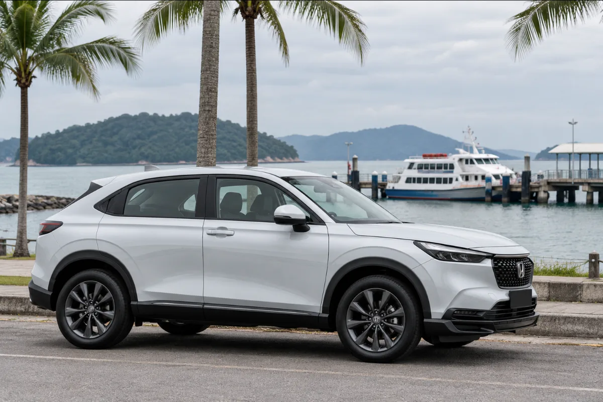 Honda HR-V parked at a Lumut seafront car park with a ferry waiting at the jetty on a Pangkor Island day trip
