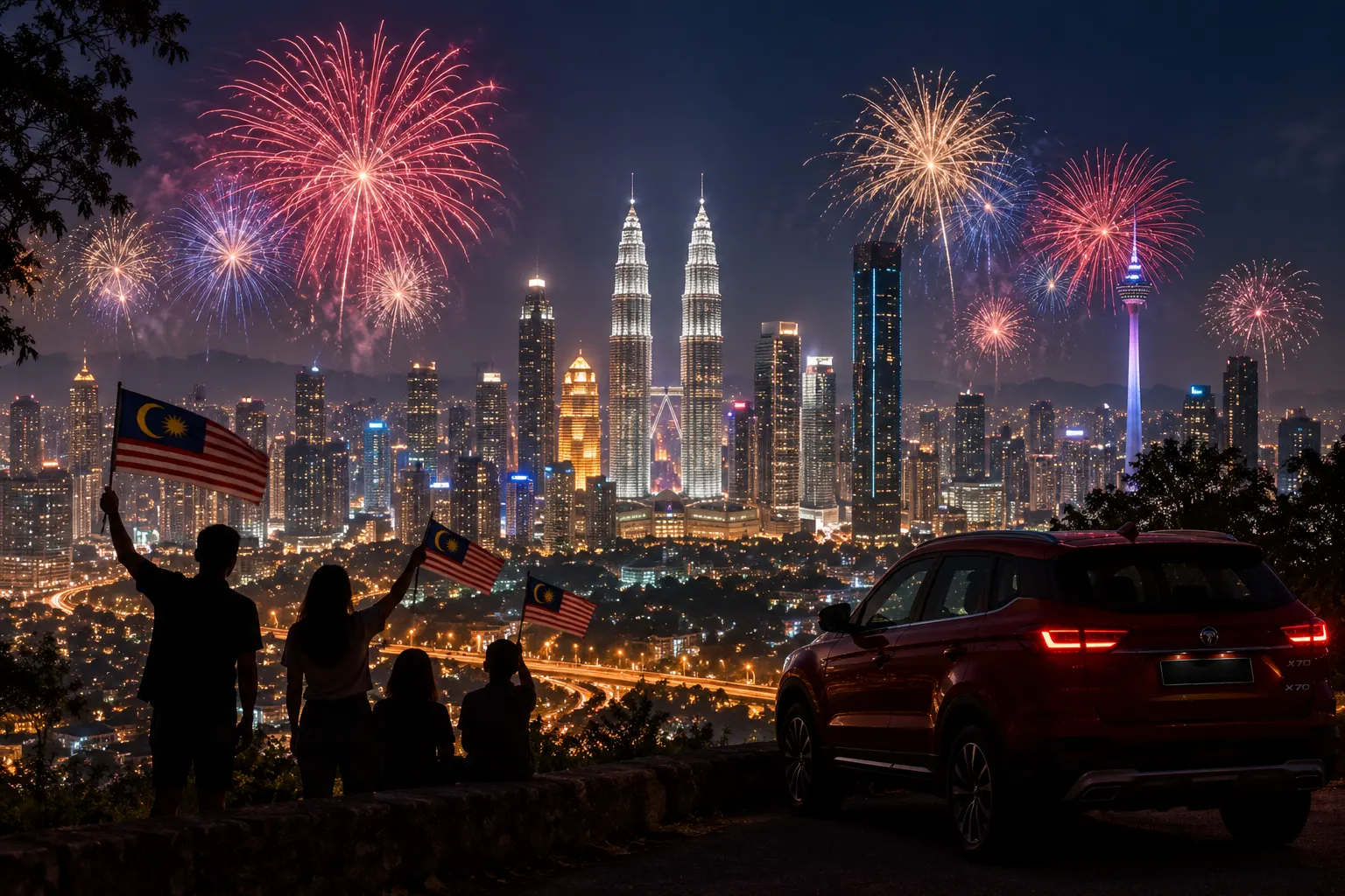 Fireworks over Kuala Lumpur at one of the places to celebrate Merdeka, a Proton X70 silhouette at the viewpoint