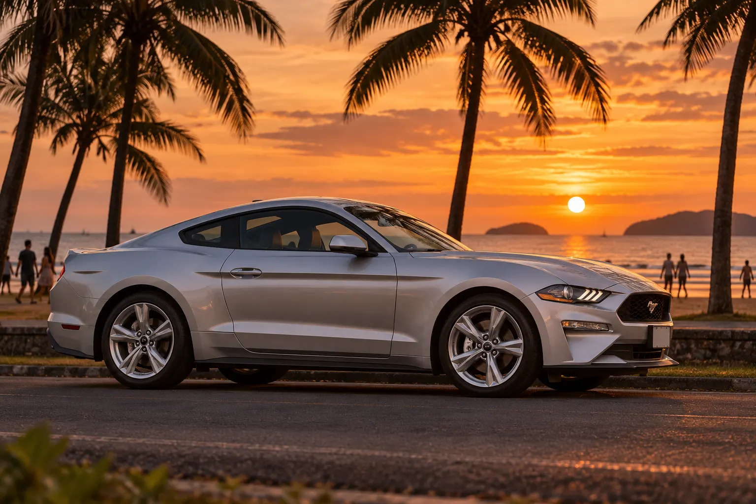 Ford Mustang parked by the sea at Tanjung Aru, one of the top places to visit in Kota Kinabalu, at sunset