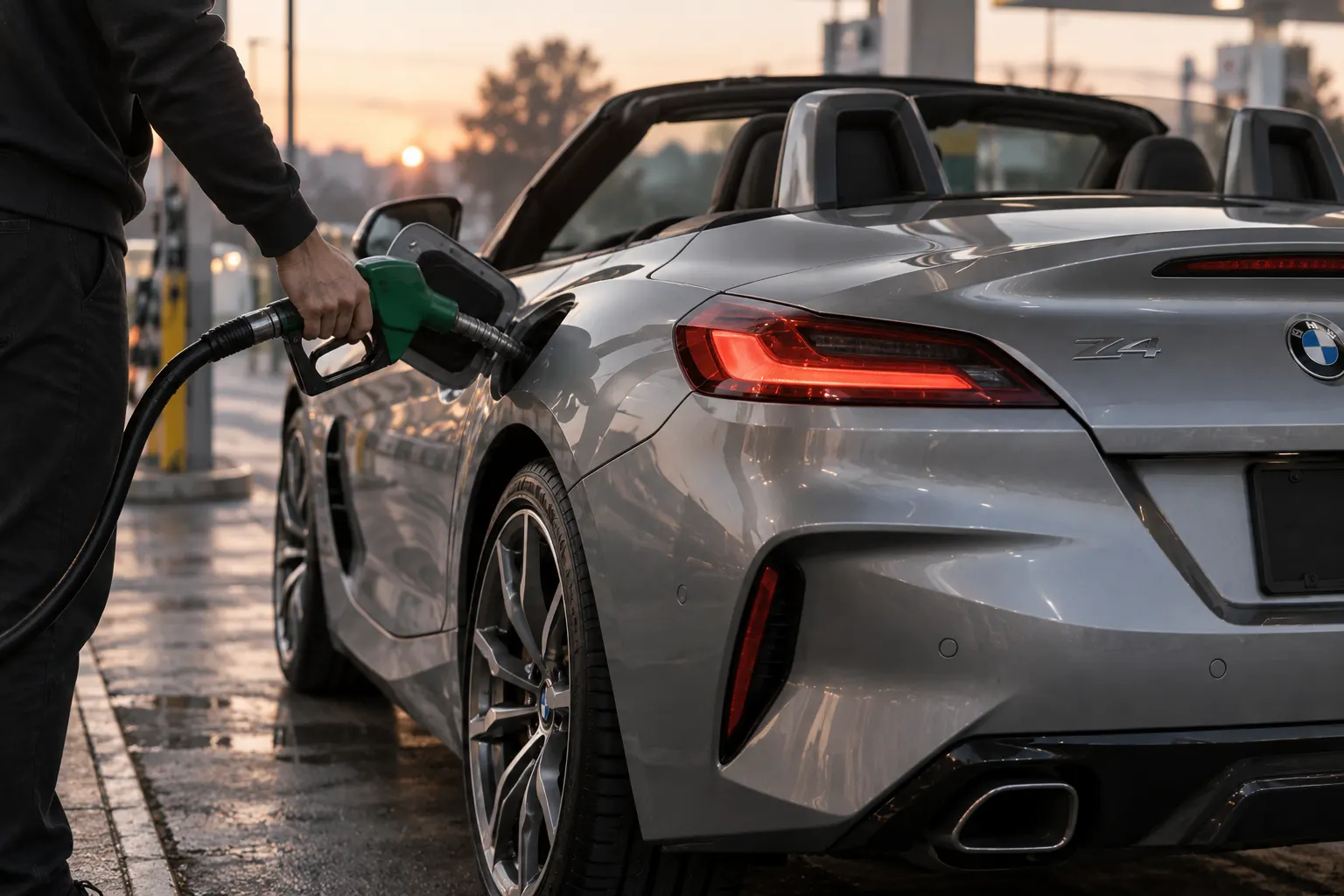 Driver refuelling a BMW Z4 at a petrol station at dawn — how to save fuel malaysia