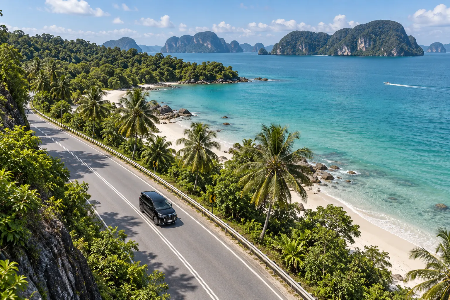 Aerial view of a Denza D9 on a coastal road beside a turquoise Langkawi beach — langkawi car rental