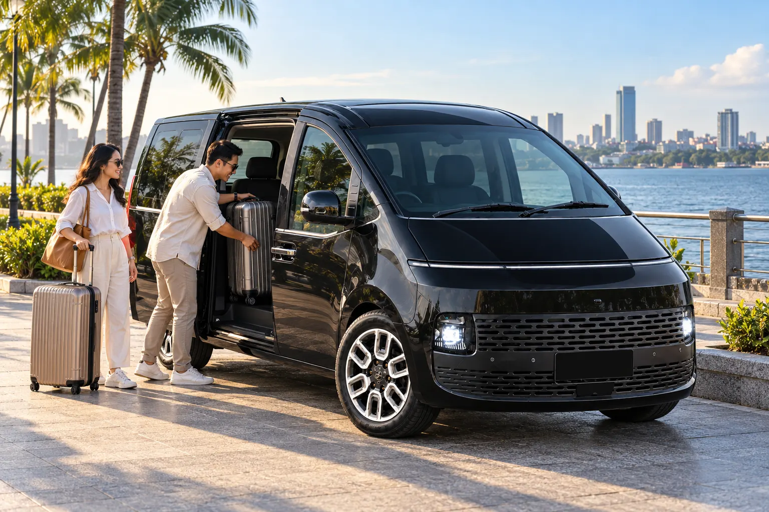 Malaysian couple loading luggage into a premium MPV near the Johor Bahru waterfront during the RTS Link delay