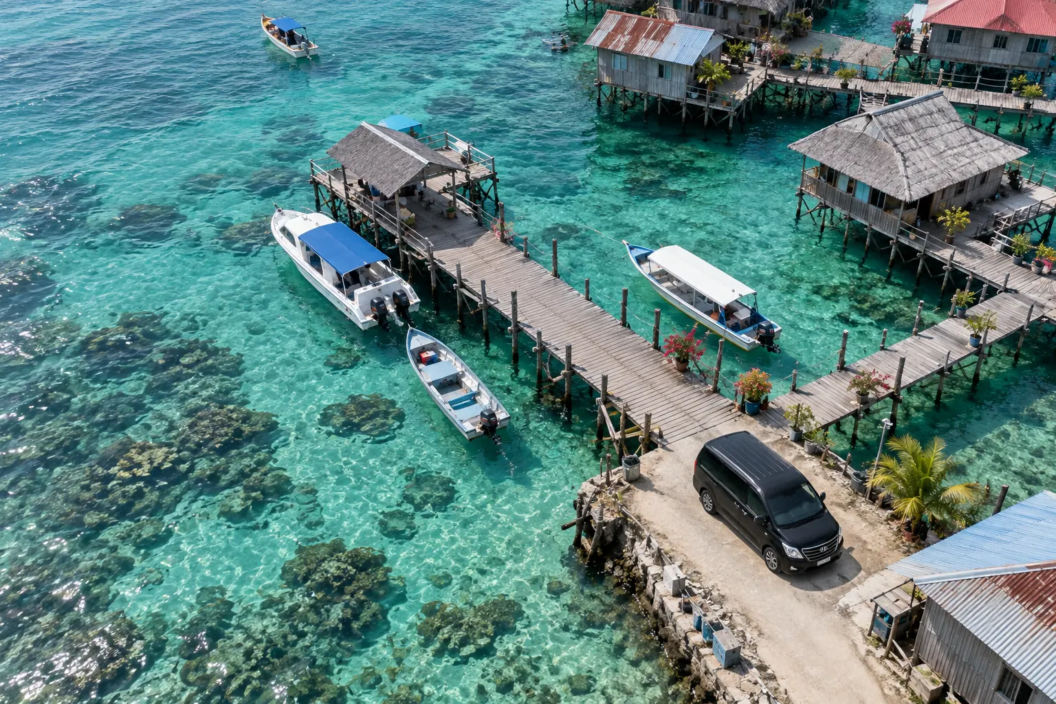 Aerial view of a Semporna jetty and water village with a Hyundai Grand Starex at the pier, gateway to the Sabah islands
