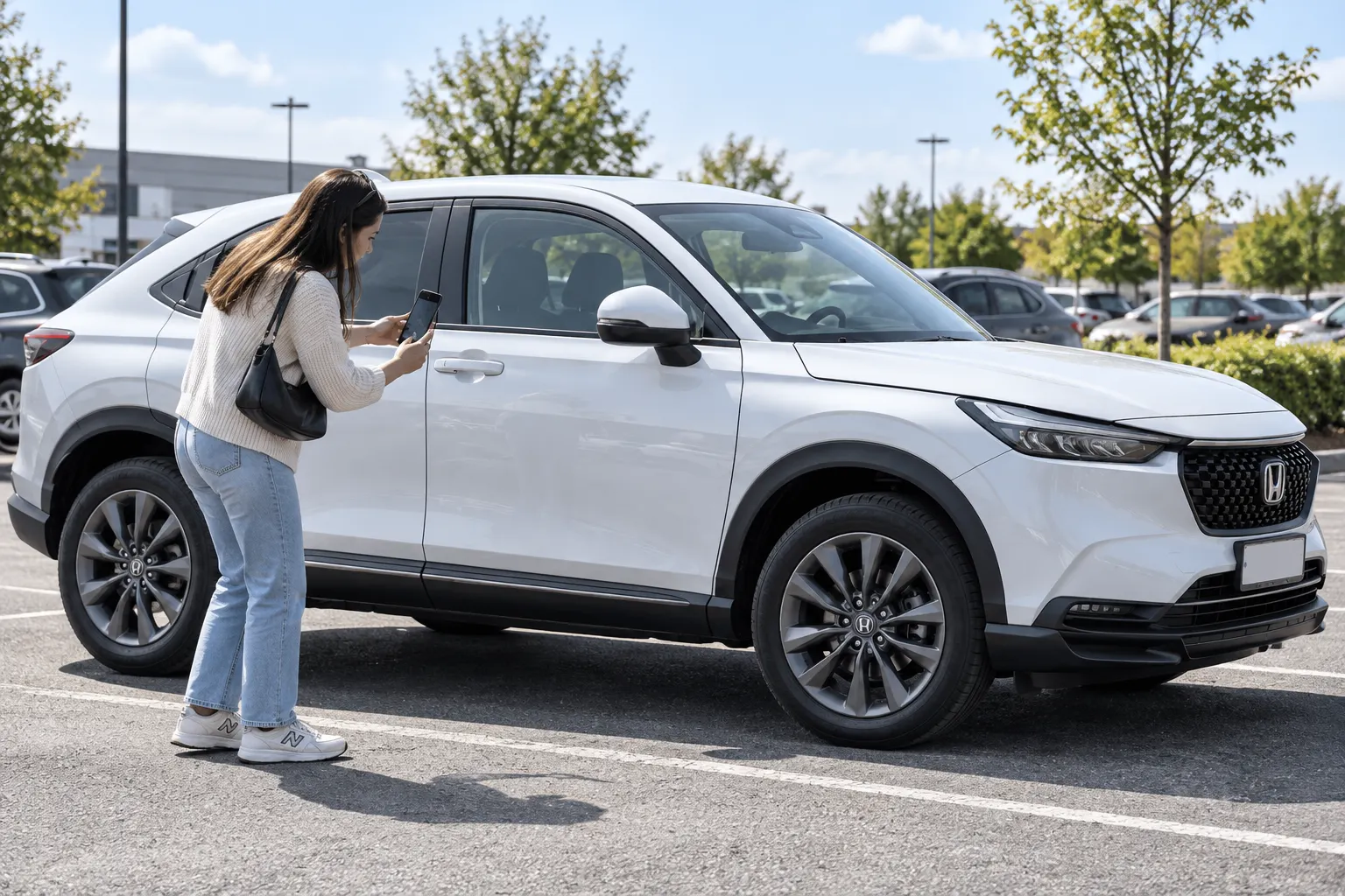Woman photographing a Honda HR-V door panel during a pre-rental inspection — renting a car in malaysia tips