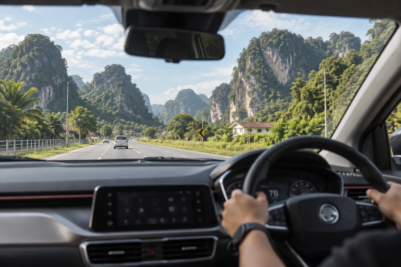 View through the windscreen of a Proton X50 driving towards the limestone hills, heading for things to do in Ipoh
